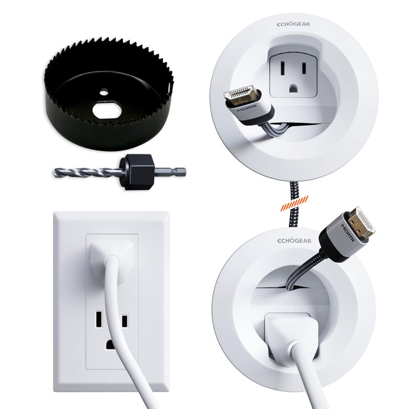 ECHOGEAR in-Wall Cable Management Kit for Power & Low Voltage Cords â€“ Hide TV Wires Behind The Wall â€“ Includes 3.75â€ Diameter x 3.25â€ Depth Modules, 6ft Extension Cord, Drywall Hole Saw Attachment - Image 1