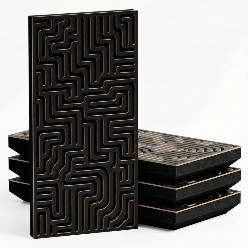 ساوند راوند ألواح حائط صوتية مايز فلو، 4 قطع بتصميم MDF محفور CNC لامتصاص الصوت، أسود، 30 × 60 سم - Image 1