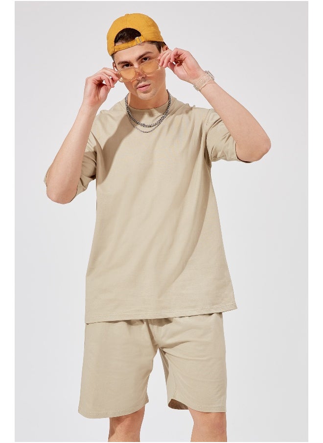 Maniac Mens Solid Round Neck 3/4th Sleeve Biscut Color Tshirt and Biscut Short Cotton Oversized Fit Tracksuit  - Image 1