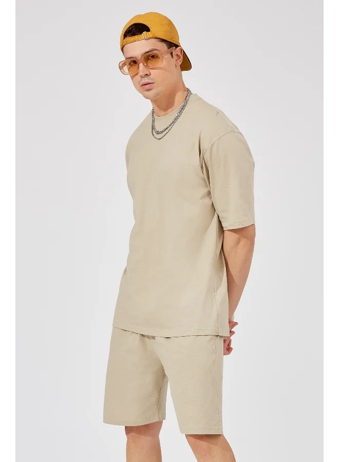 مانياك Mens Solid Round Neck 3/4th Sleeve Biscut Color Tshirt and Biscut Short Cotton Oversized Fit Tracksuit
