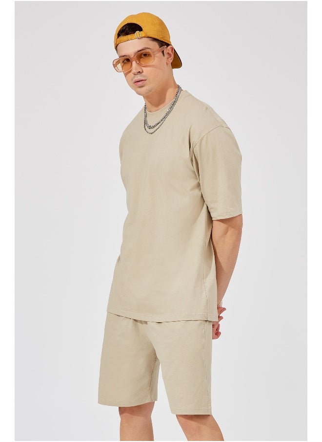 Maniac Mens Solid Round Neck 3/4th Sleeve Biscut Color Tshirt and Biscut Short Cotton Oversized Fit Tracksuit  - Image 4