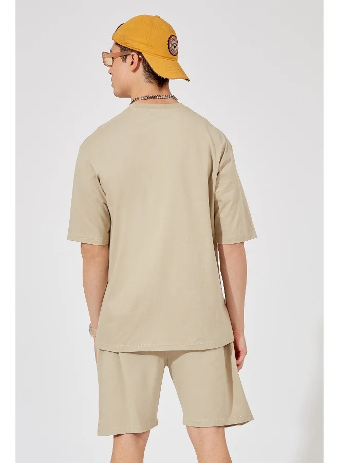 مانياك Mens Solid Round Neck 3/4th Sleeve Biscut Color Tshirt and Biscut Short Cotton Oversized Fit Tracksuit