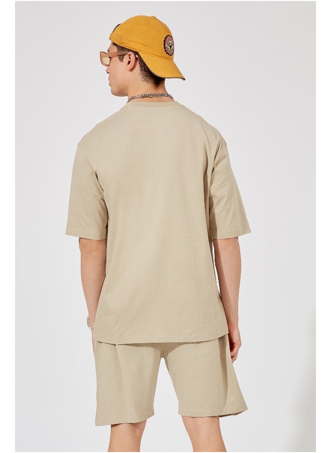 Maniac Mens Solid Round Neck 3/4th Sleeve Biscut Color Tshirt and Biscut Short Cotton Oversized Fit Tracksuit  - Image 3