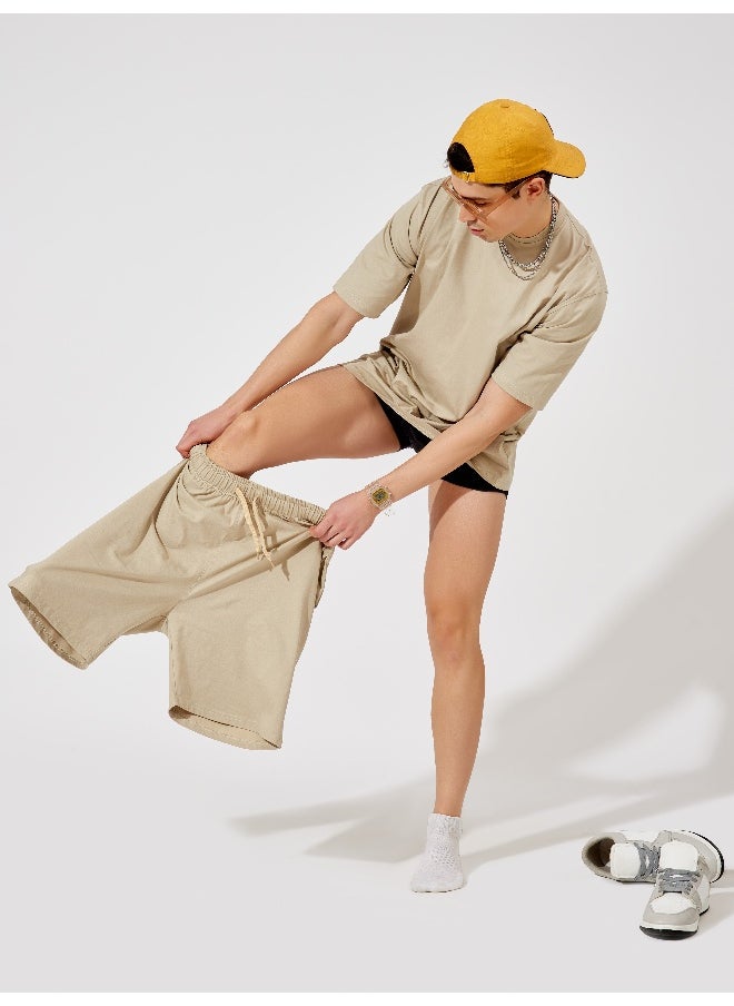 Maniac Mens Solid Round Neck 3/4th Sleeve Biscut Color Tshirt and Biscut Short Cotton Oversized Fit Tracksuit  - Image 2