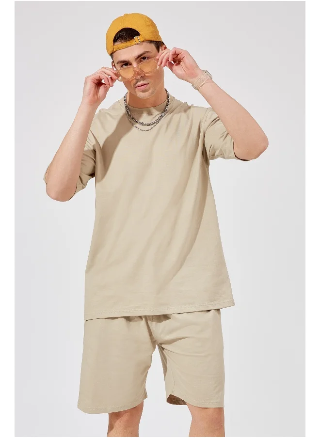 مانياك Mens Solid Round Neck 3/4th Sleeve Biscut Color Tshirt and Biscut Short Cotton Oversized Fit Tracksuit