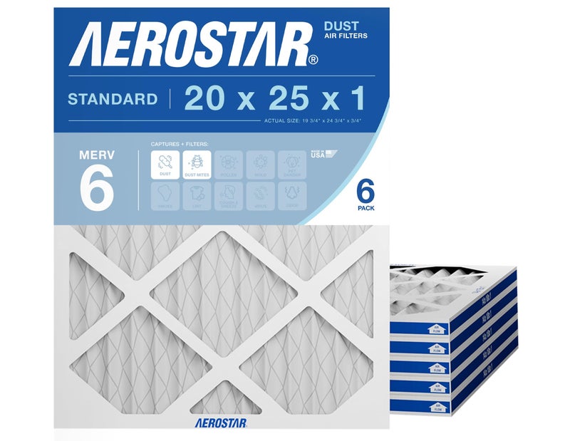 Aerostar 20x25x1 MERV 6 Pleated Air Filter, AC Furnace Air Filter, 6 Pack (Actual Size: 19 3/4"x24 3/4"x3/4") - Image 1