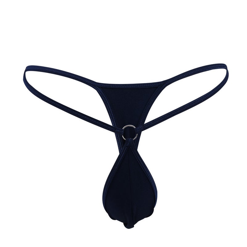 Sexy Mini Mens Thong Simple Personalized Iron Ring Fashionable Low Waist Cross-border Mens T-pants Swimsuit Underwear Navy blue 
