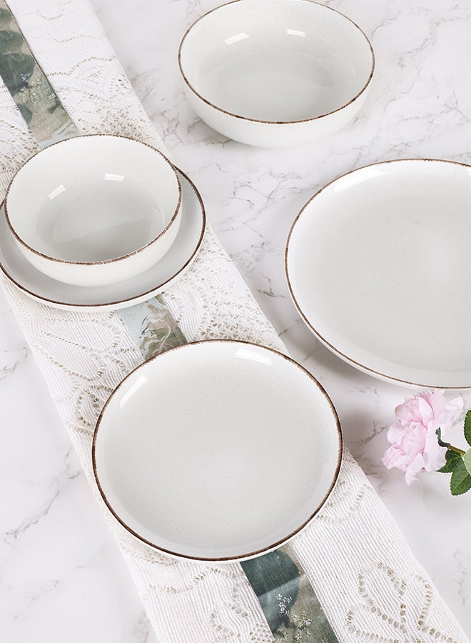 Noon East 24 piece Stoneware Dinnerware Set, Set for 6, Microwave & Dishwasher Safe, White with Brown Rim - Image 5