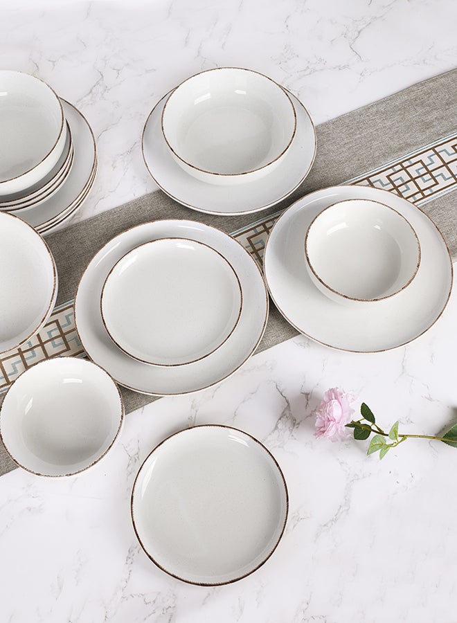 Noon East 24 piece Stoneware Dinnerware Set, Set for 6, Microwave & Dishwasher Safe, White with Brown Rim - Image 4