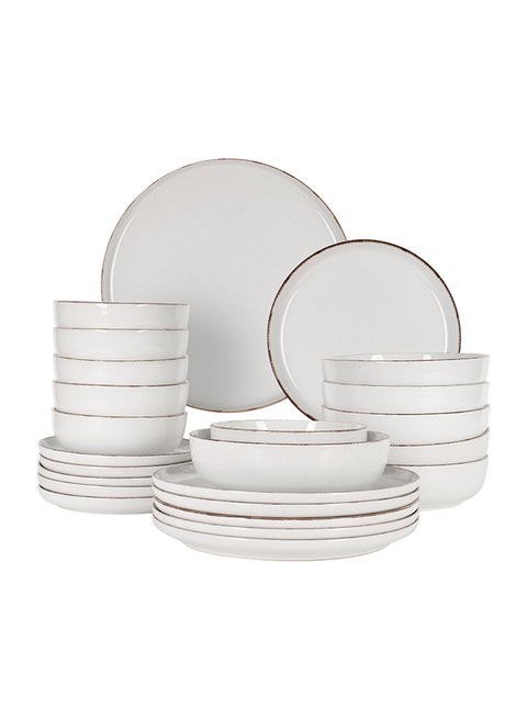 24 piece Stoneware Dinnerware Set, Set for 6, Microwave & Dishwasher Safe, White with Brown Rim