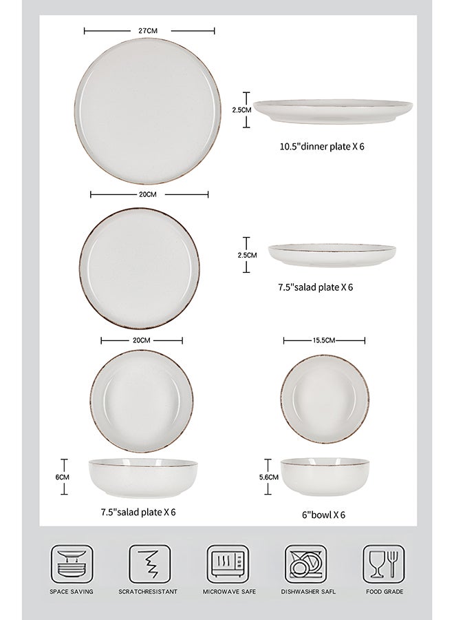 Noon East 24 piece Stoneware Dinnerware Set, Set for 6, Microwave & Dishwasher Safe, White with Brown Rim - Image 3