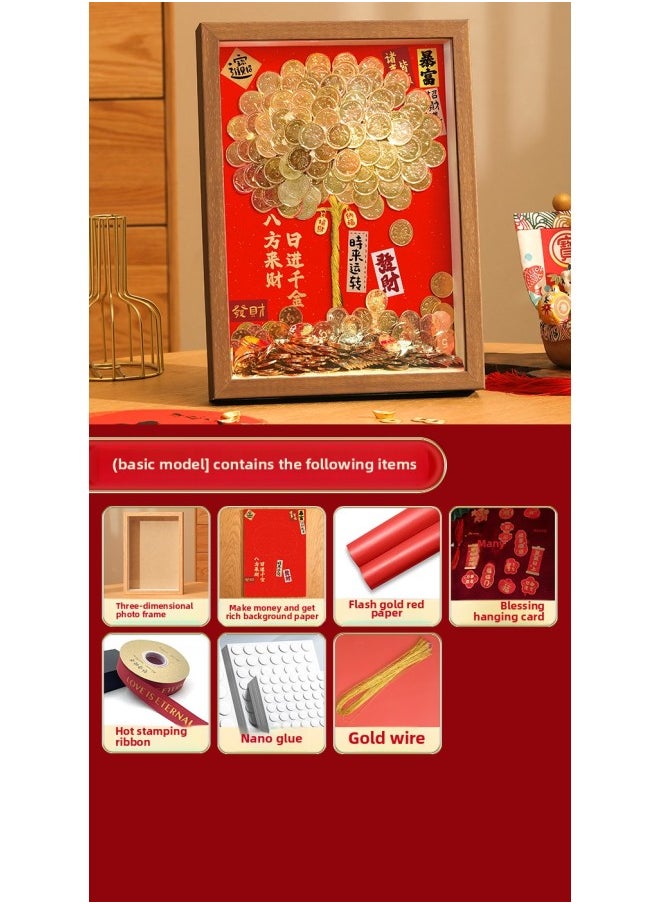Generic Ge Qiang Fortune Tree Diy Photo Frame 50 Cents Coin Decoration Move Opening Wedding Year Gift Ornaments Material Bag-Color:A4 Hanging + Gift Recommendation [color Paper + Ribbon + Hanging Card + Gift Box] - Standard Model: Bring Your Own Coins (rich And Rich Background + Walnut Photo Frame + Tree Trunk + Nanny  - Image 1