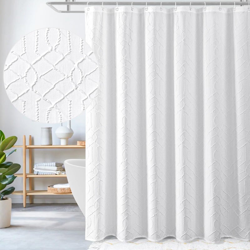 Gibelle White Shower Curtain for Bathroom 3D Embossed Geometric Textured Fabric Shower Curtain Set with Hooks Modern Farmhouse Elegant Design Hotel Quality 72x72