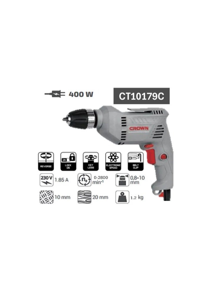 Crown CT10179C Drill 10mm 400W Automatic Chuck - Image 2