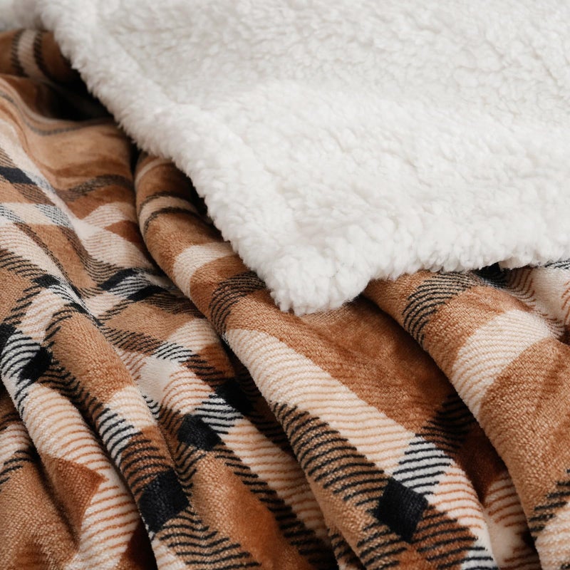 PU MEI Sherpa Fleece Throw Blanket 80" x 90" Reversible Plush Fluffy Large Big Blanket Lattice Flannel Blankets for All Season Use, Mocha Brown - Image 5