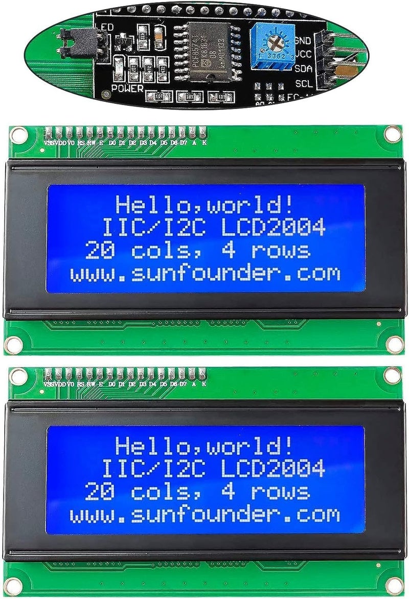 صن فويندر حزمة مكونة من 2 وحدة LCD 2004 20x4 مع محول واجهة IIC I2C، إضاءة خلفية زرقاء، متوافقة مع MEGA2560 Arduino R3 Raspberry (تشمل I2C) - Image 1