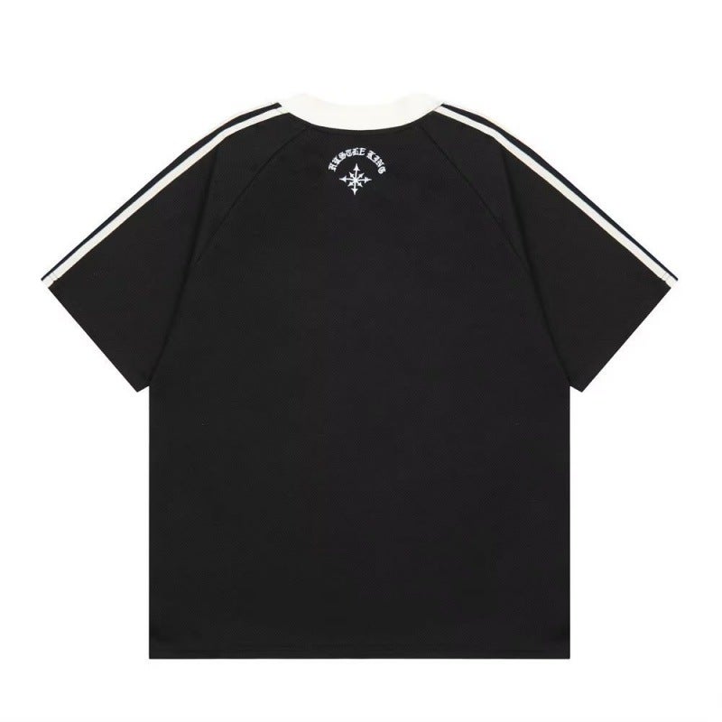 American Color-Block V-Neck Sports Loose Short-Sleeved T-Shirt Men'S Summer Letter Embroidery Breathable Trendy Brand Half-Sleeved Trendy - Image 4