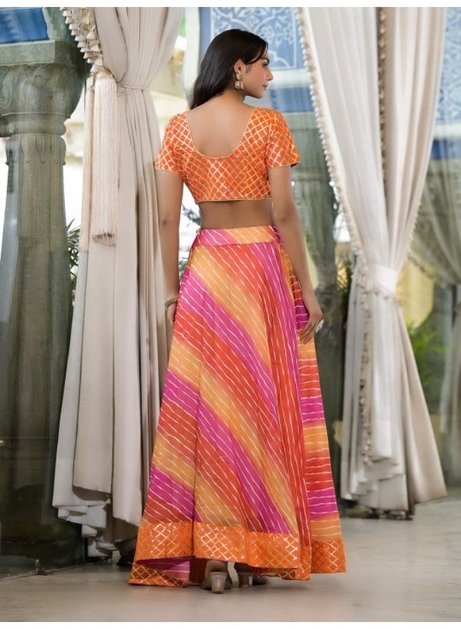 AKS Orange and Pink Leheriya Kota Doria lehenga Choli  - Image 4