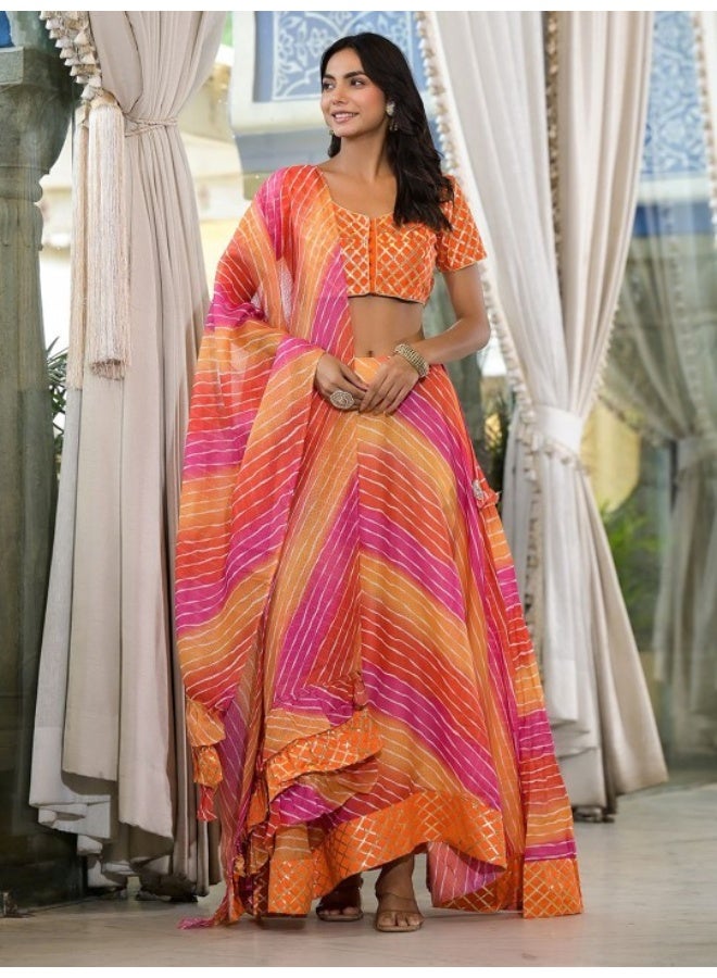 AKS Orange and Pink Leheriya Kota Doria lehenga Choli  - Image 1