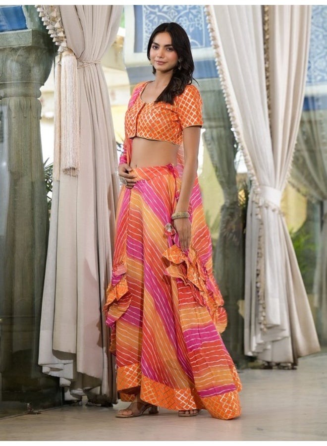 AKS Orange and Pink Leheriya Kota Doria lehenga Choli  - Image 3
