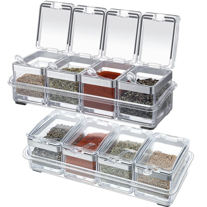 2 SET ACRYLIC SEASONING ORGANIZER BOX 8 PCS CLEAR SEASONING RACK SPICE POTS CONDIMENTS CONTAINERS WITH LIDS AND SPOONS STORAGE CONTAINER SPICE JAR FOR SALT SUGAR CRUET KITCHEN COOKING ORGANIZER