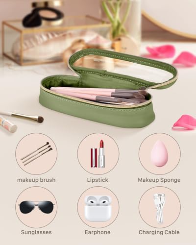Soimeat Clear Travel Makeup Brush Holder, Leather Makeup Brush Toiletry Bag, Portable Cosmetic Brush Case, Transparent Waterproof Makeup Brush Storage Bag, Green - Image 2