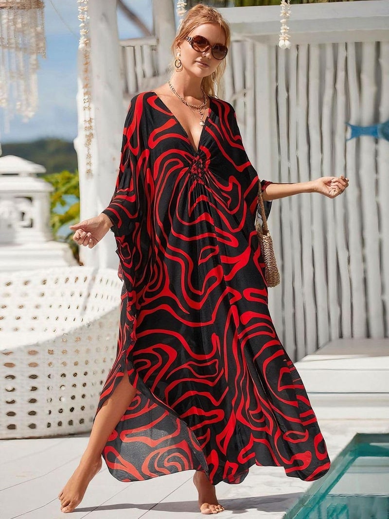 IMAGEKOPE Kaftan Dresses for Women Plus Size V-Neck Moo Moos Batwing Kaftan Beach Dress Bathing Suit Cover-Up Loungewear - Image 4