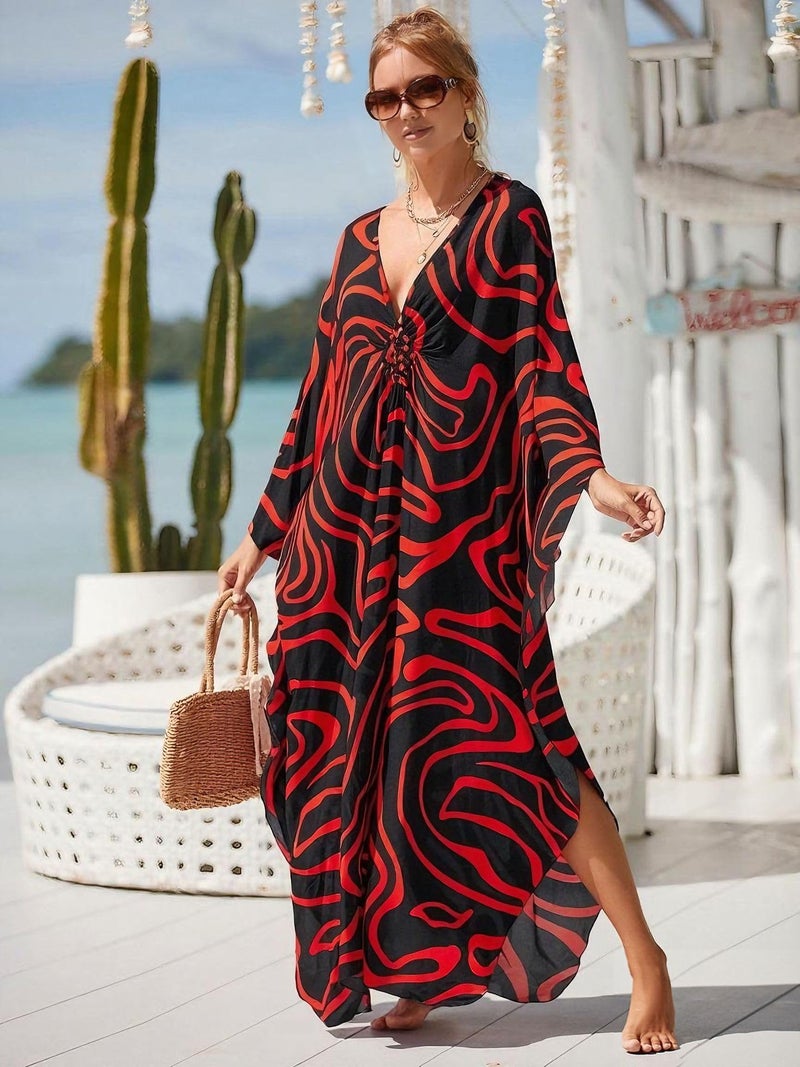 IMAGEKOPE Kaftan Dresses for Women Plus Size V-Neck Moo Moos Batwing Kaftan Beach Dress Bathing Suit Cover-Up Loungewear - Image 3