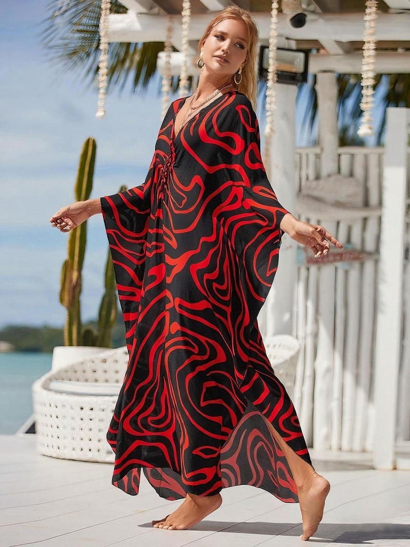 IMAGEKOPE Kaftan Dresses for Women Plus Size V-Neck Moo Moos Batwing Kaftan Beach Dress Bathing Suit Cover-Up Loungewear - Image 5