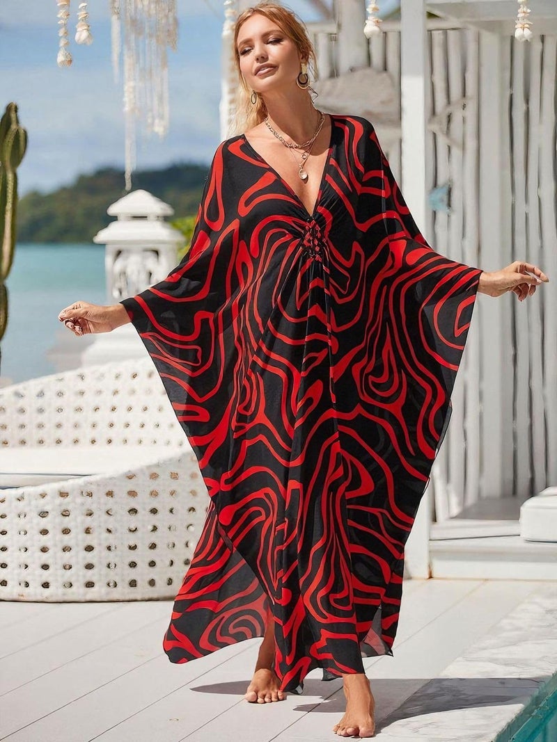 IMAGEKOPE Kaftan Dresses for Women Plus Size V-Neck Moo Moos Batwing Kaftan Beach Dress Bathing Suit Cover-Up Loungewear - Image 2