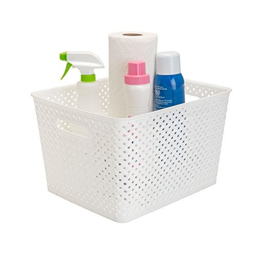 Simplify Large Resin Wicker Tote | Storage Bin | Plastic Organizer | Carrying Handles | Bathroom | Pantry | Accessories | Toys | White - Image 1