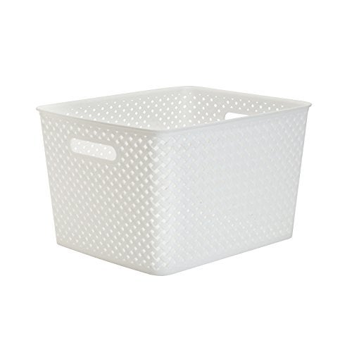 Simplify Large Resin Wicker Tote | Storage Bin | Plastic Organizer | Carrying Handles | Bathroom | Pantry | Accessories | Toys | White - Image 3