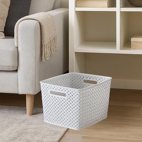 Simplify Large Resin Wicker Tote | Storage Bin | Plastic Organizer | Carrying Handles | Bathroom | Pantry | Accessories | Toys | White - Image 2
