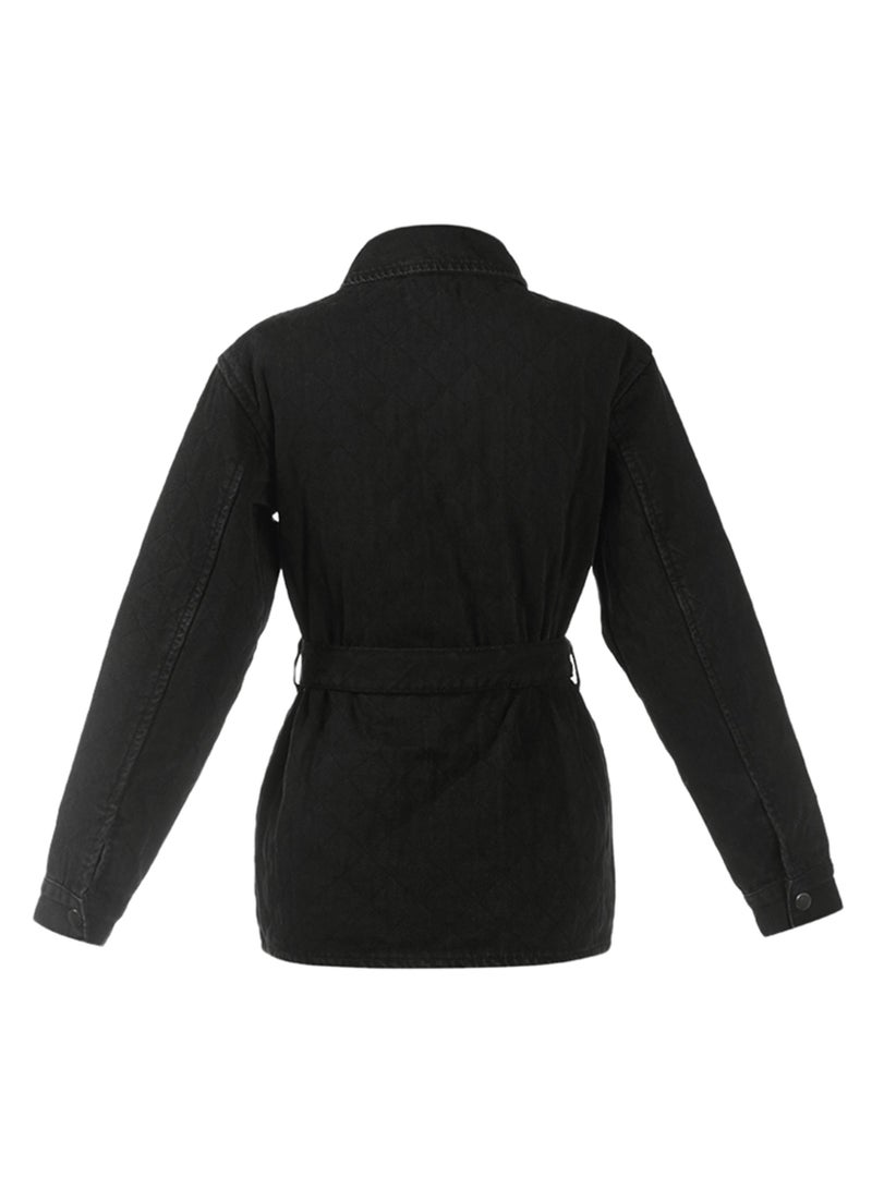 لندن راج سترة سوداء بحزام ونمط لحاف بأكمام طويلة - Image 5