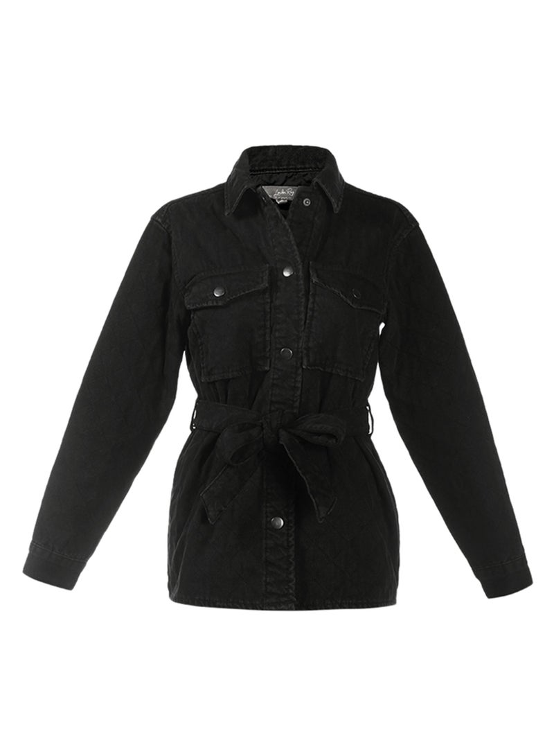 لندن راج سترة سوداء بحزام ونمط لحاف بأكمام طويلة - Image 4