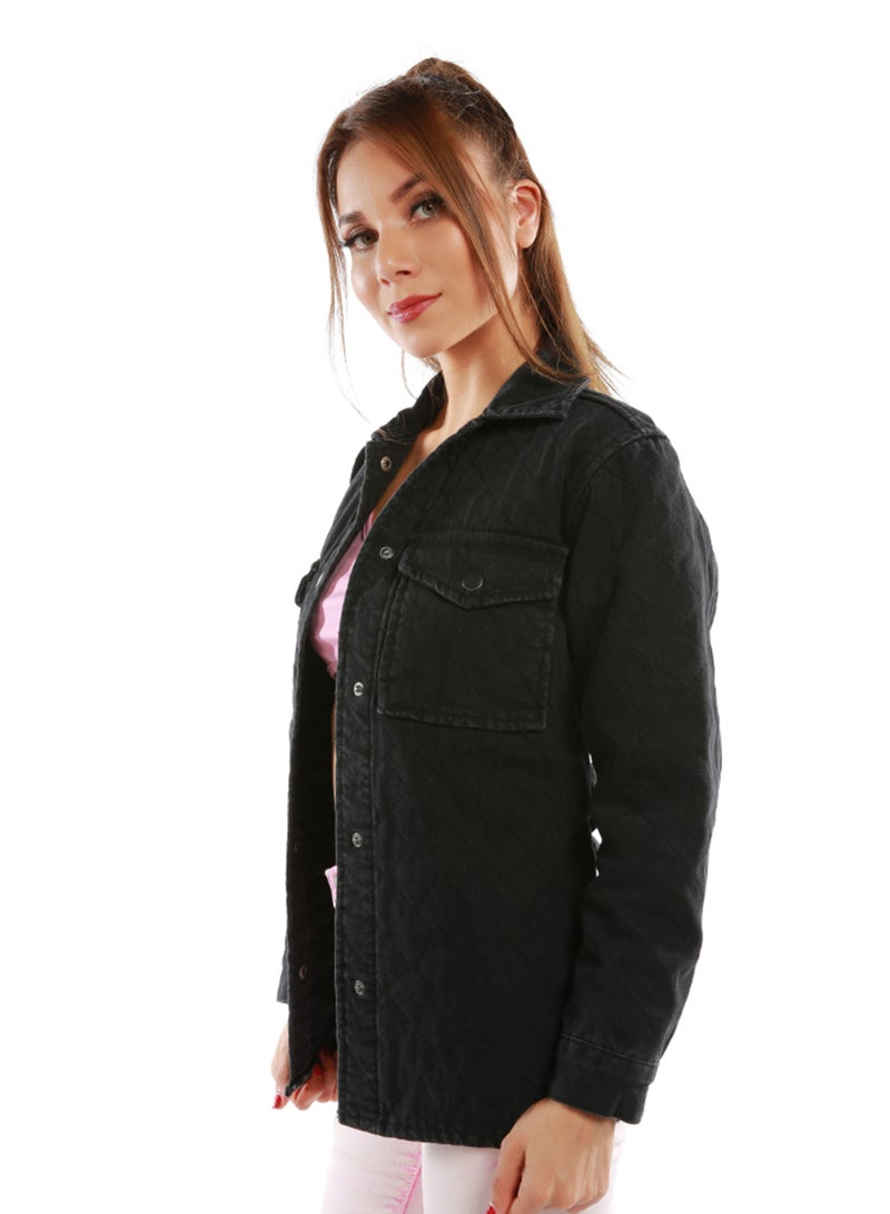 لندن راج سترة سوداء بحزام ونمط لحاف بأكمام طويلة - Image 2