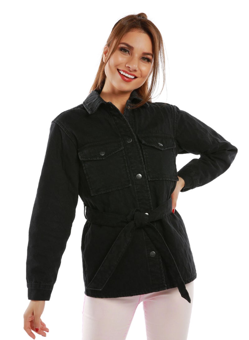 لندن راج سترة سوداء بحزام ونمط لحاف بأكمام طويلة - Image 1