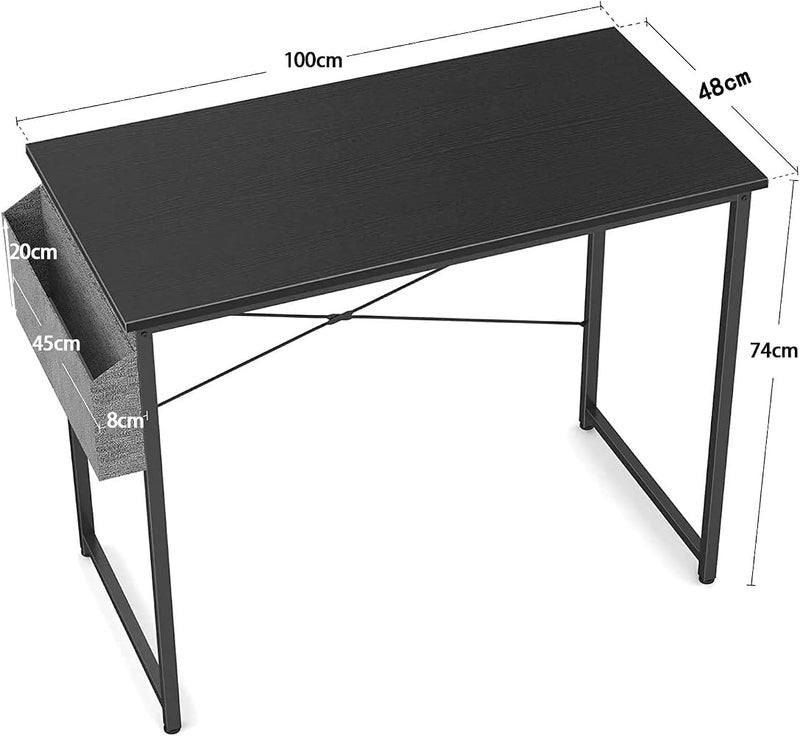 Bentifar Computer Desk 100cm Home Office Desk with Side Storage Bag, Modern Study Writing Table with Sturdy Metal Frame for Bedroom, Office, Apartment (Black, 100 x 48×74 cm) - Image 3
