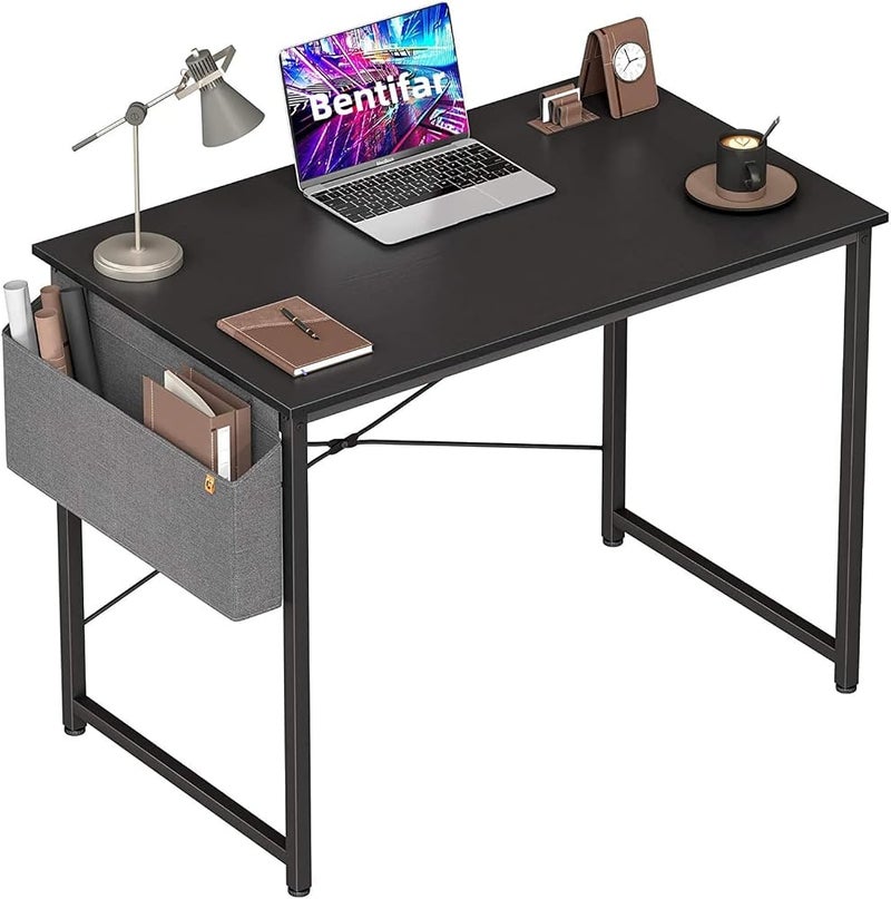 Bentifar Computer Desk 100cm Home Office Desk with Side Storage Bag, Modern Study Writing Table with Sturdy Metal Frame for Bedroom, Office, Apartment (Black, 100 x 48×74 cm) - Image 1
