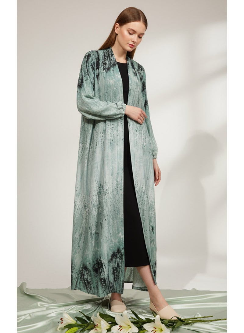 عباية نسائية من قماش فاخر بتصميم مفتوح من الأمام بلون أخضر نعناعي وتأثير رخامي مع غطاء رأس متناسق، طقم عباية خفيفة الوزن بطول كامل مع جزء داخلي مفتوح، ملابس إسلامية محتشمة مطبوعة مع حجاب - Image 1