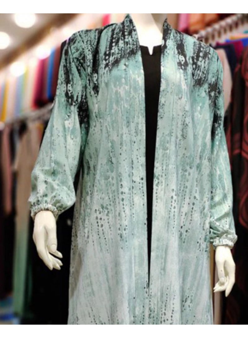 عباية نسائية من قماش فاخر بتصميم مفتوح من الأمام بلون أخضر نعناعي وتأثير رخامي مع غطاء رأس متناسق، طقم عباية خفيفة الوزن بطول كامل مع جزء داخلي مفتوح، ملابس إسلامية محتشمة مطبوعة مع حجاب - Image 3