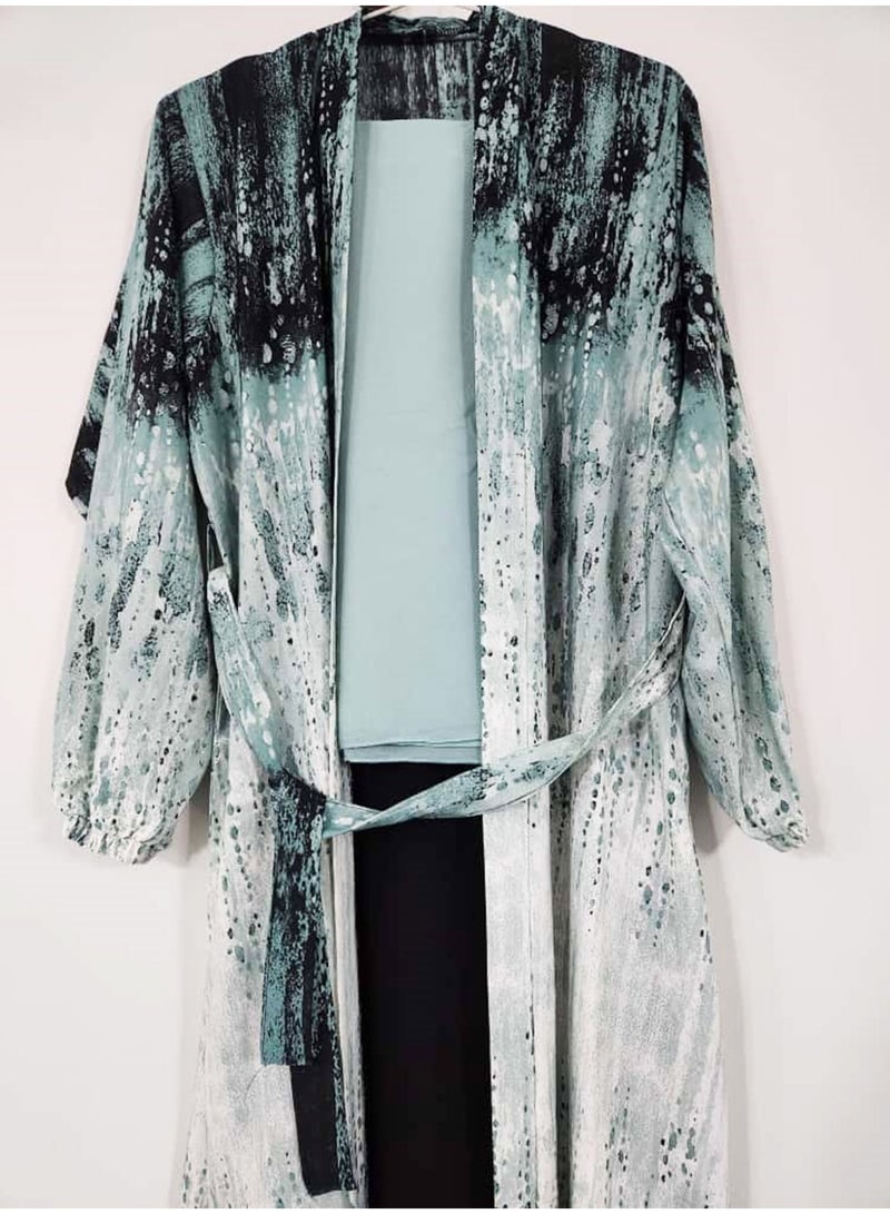 عباية نسائية من قماش فاخر بتصميم مفتوح من الأمام بلون أخضر نعناعي وتأثير رخامي مع غطاء رأس متناسق، طقم عباية خفيفة الوزن بطول كامل مع جزء داخلي مفتوح، ملابس إسلامية محتشمة مطبوعة مع حجاب - Image 5