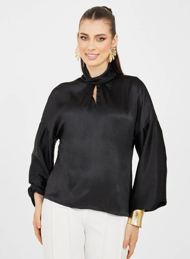 Styli Keyhole Detail High Neck Long Sleeve Blouse