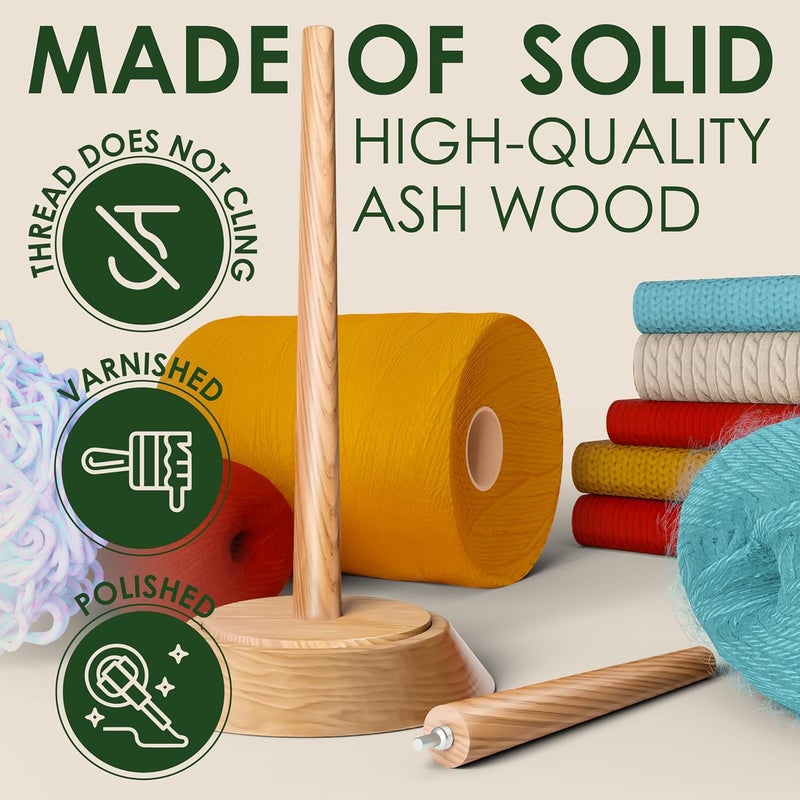 Barva Yarn Holder Set 22 Lb Capacity for Chunky Yarn w/Extra Spindle | Smooth Bearing Spinner & Big Rubber Anti Slip Pads for Stability | European Wood Crochet Accessories & Fiber Crafts Pro Tools - Image 5