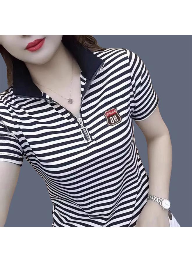 Polo Shirt Striped Short-sleeved T-shirt Women's New Style Stand Collar Half-zipper Fashion Lapel Color Contrast Casual All-match Top 