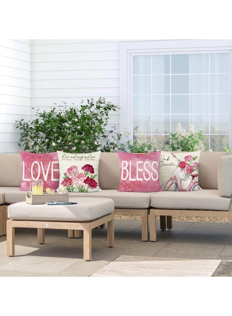 general Pink floral cushion cover set, 4 pieces, 45 x 45 cm carnation floral cushion cover, decorative love and blessing cushion cover, waterproof linen square blanket cover, suitable for sofas, beds, patios, and home decoration. - Image 3