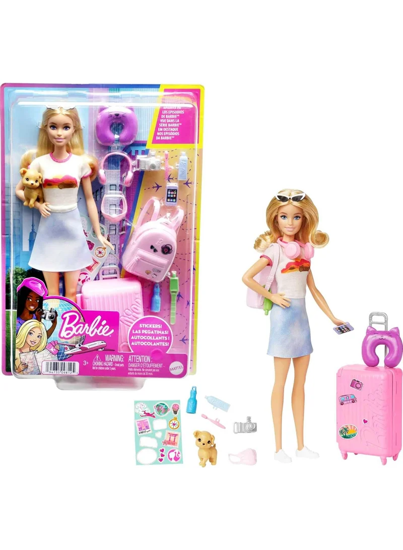 Barbie Doll and Accessories, “Malibu” Travel Set Refreshed with Puppy and 10+ Pieces Including Working Suitcase​