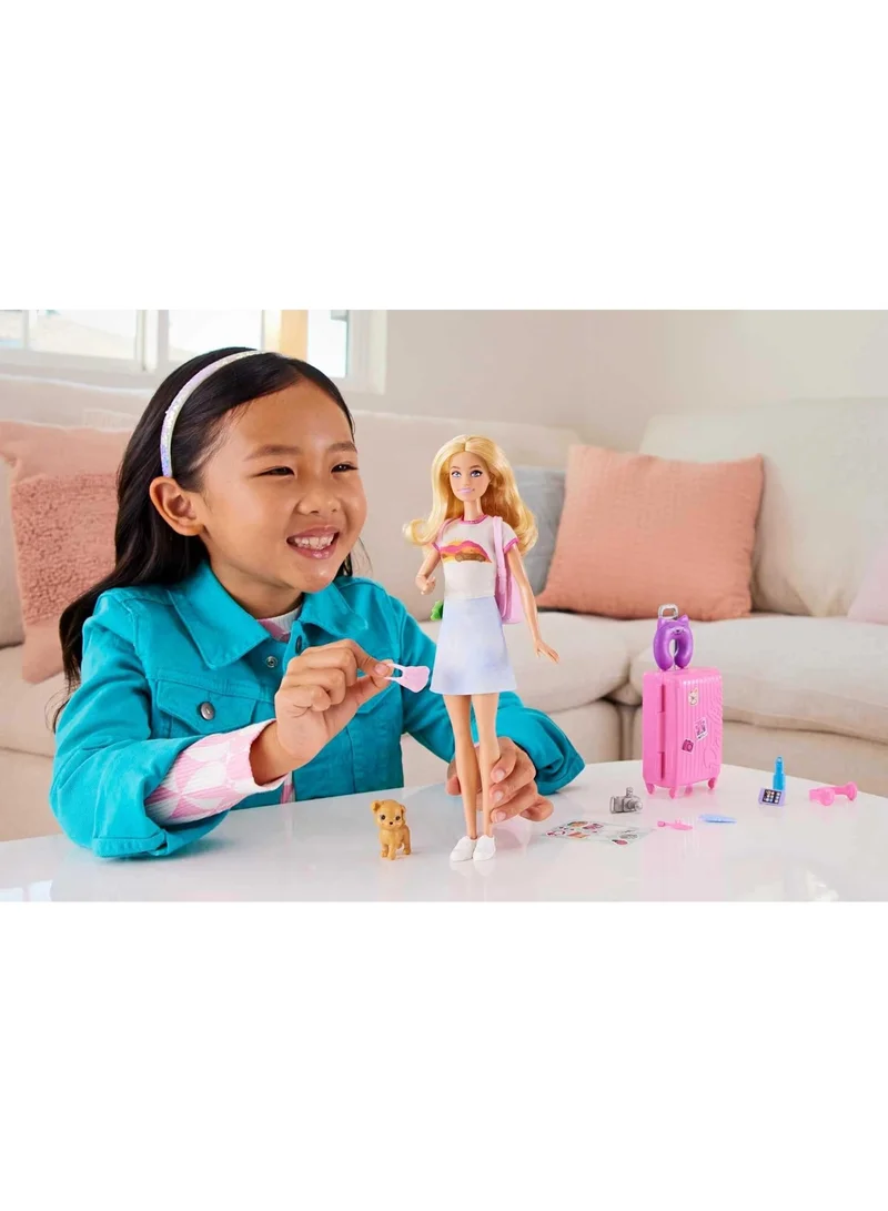 Barbie Doll and Accessories, “Malibu” Travel Set Refreshed with Puppy and 10+ Pieces Including Working Suitcase​