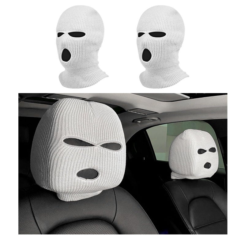 Suvnie 2 PCS Car Headrest Cover, Personalized Funny Car Seat Full Face Mask, Ski Mask Wrap Protection for Auto Front Seat Rest Decoration, Universal Interior Car Accessories (White) - Image 1