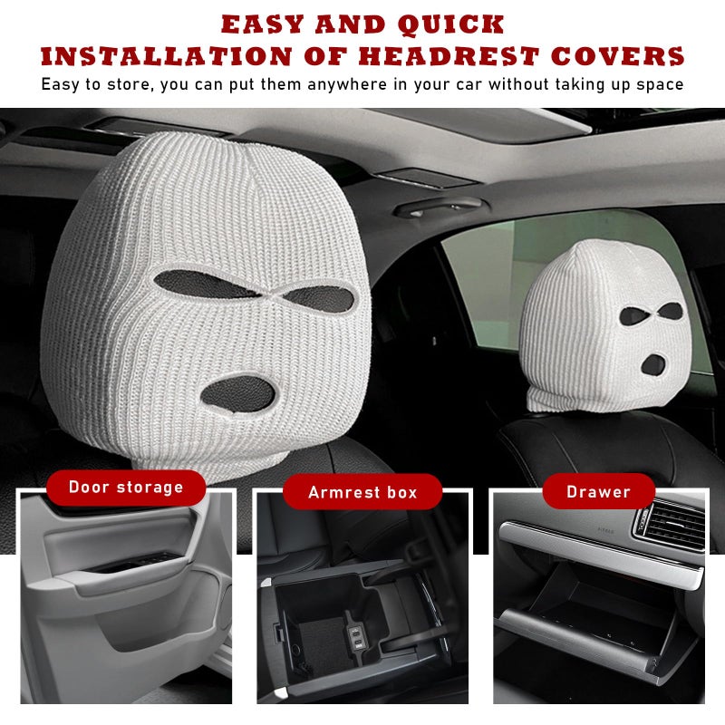 Suvnie 2 PCS Car Headrest Cover, Personalized Funny Car Seat Full Face Mask, Ski Mask Wrap Protection for Auto Front Seat Rest Decoration, Universal Interior Car Accessories (White) - Image 5